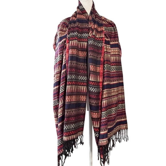 The Unbranded Brand Accessories - Large Boho Tribal Stripe Fringe Wrap Scarf Shawl Navy Red Cream 32x64 Unbranded